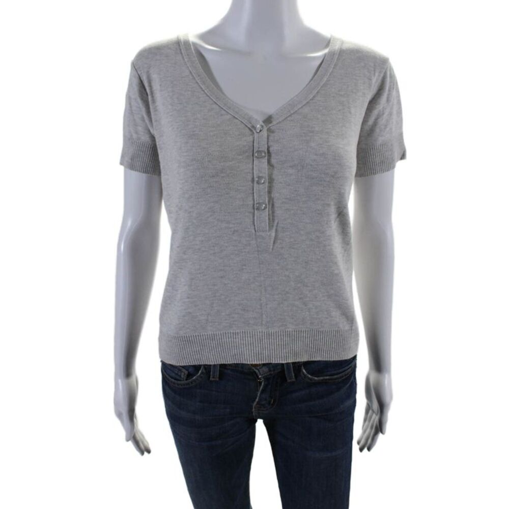 Agnes B Womens V-Neck Short Sleeve Pullover Knit Blouse Top Gray Size S